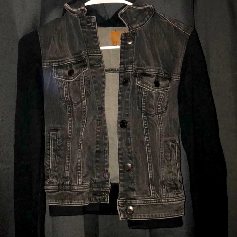 Black denim jacket with cotton sleeves and hood